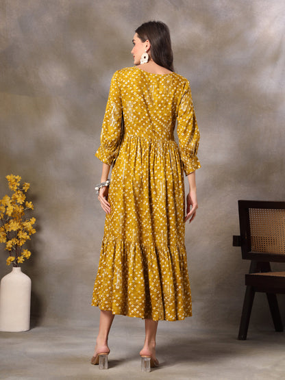 Mustard Bandhani Printed Rayon Tiered Dress