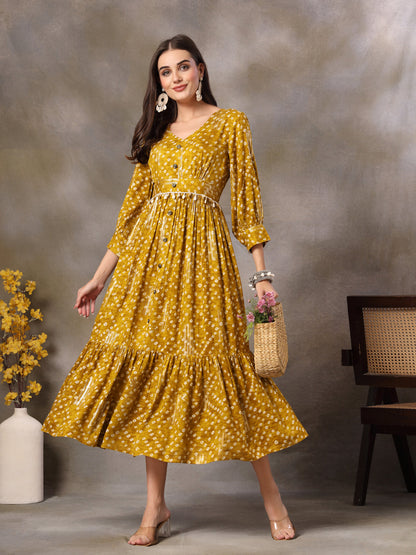 Mustard Bandhani Printed Rayon Tiered Dress