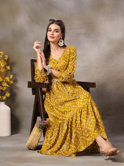 Mustard Bandhani Printed Rayon Tiered Dress