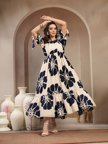 Navy Floral Printed Rayon Tiered Dress