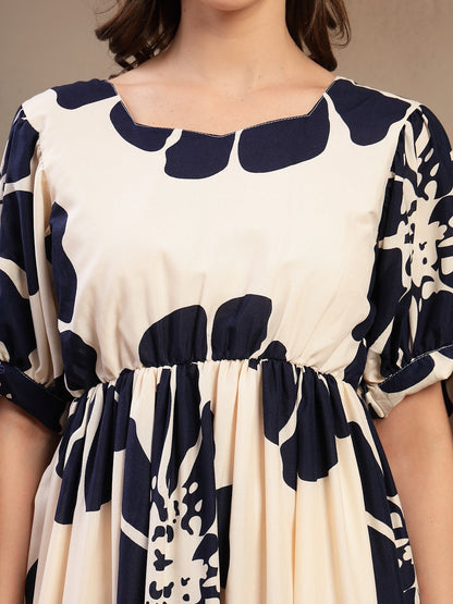 Navy Floral Printed Rayon Tiered Dress