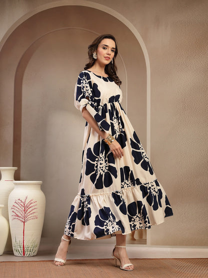 Navy Floral Printed Rayon Tiered Dress