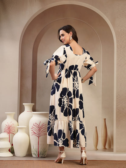 Navy Floral Printed Rayon Tiered Dress