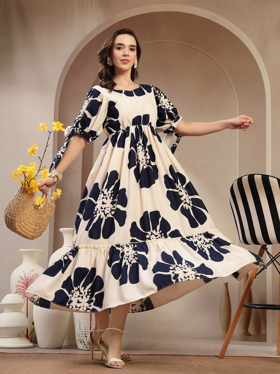 Navy Floral Printed Rayon Tiered Dress