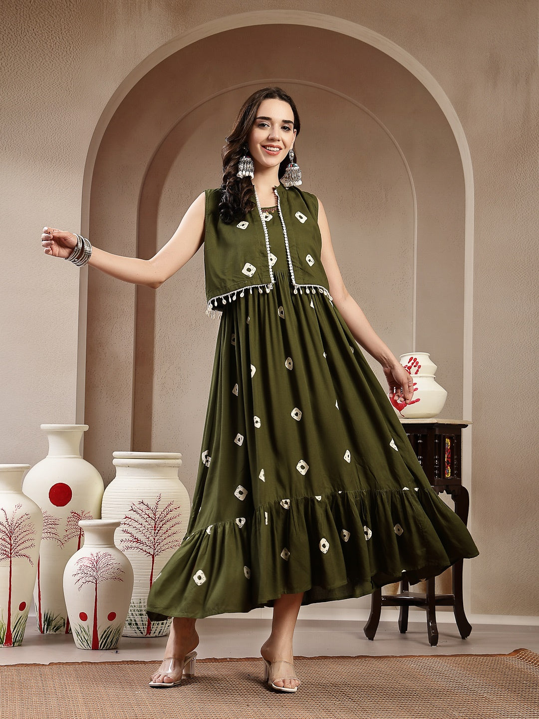Green Bhandej Printed Rayon Tiered Dress With Ethnic Jacket (Pre-Order)