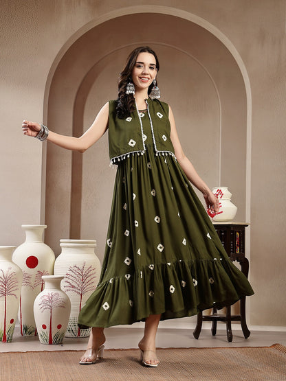 Green Bhandej Printed Rayon Tiered Dress With Ethnic Jacket (Pre-Order)