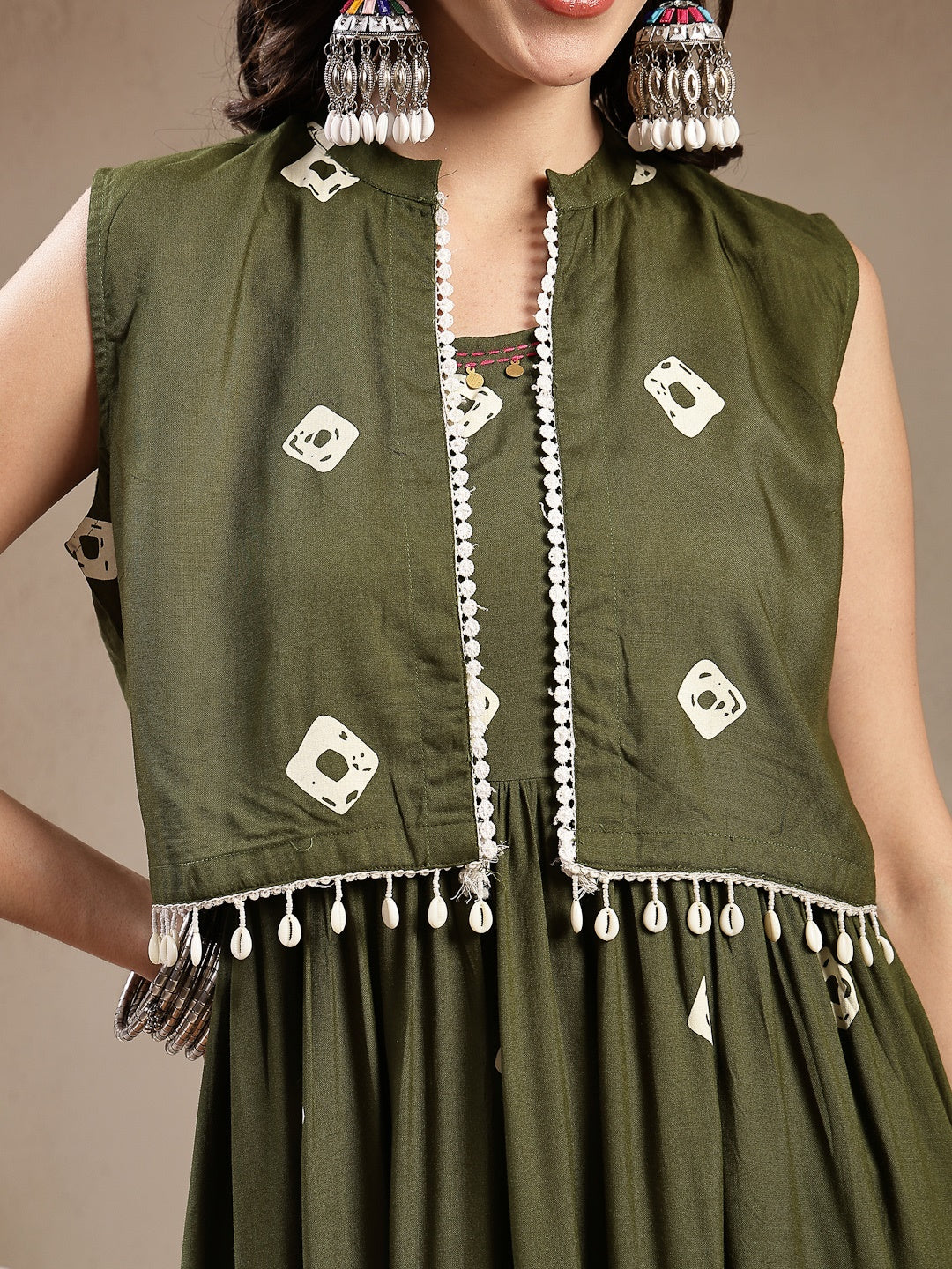 Green Bhandej Printed Rayon Tiered Dress With Ethnic Jacket (Pre-Order)