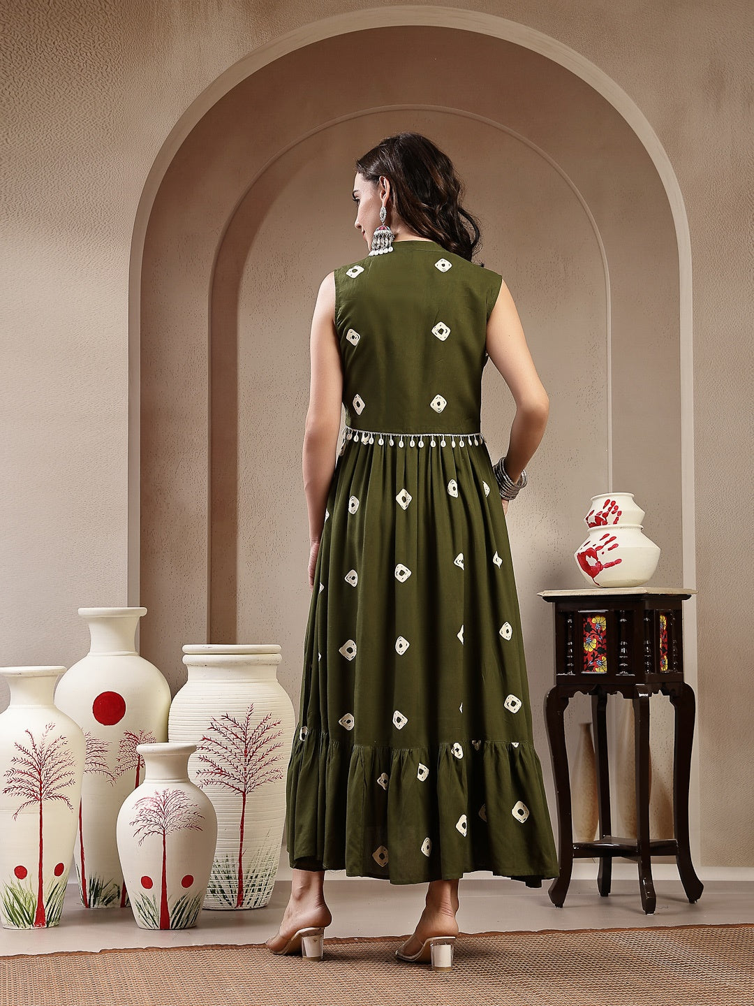 Green Bhandej Printed Rayon Tiered Dress With Ethnic Jacket (Pre-Order)