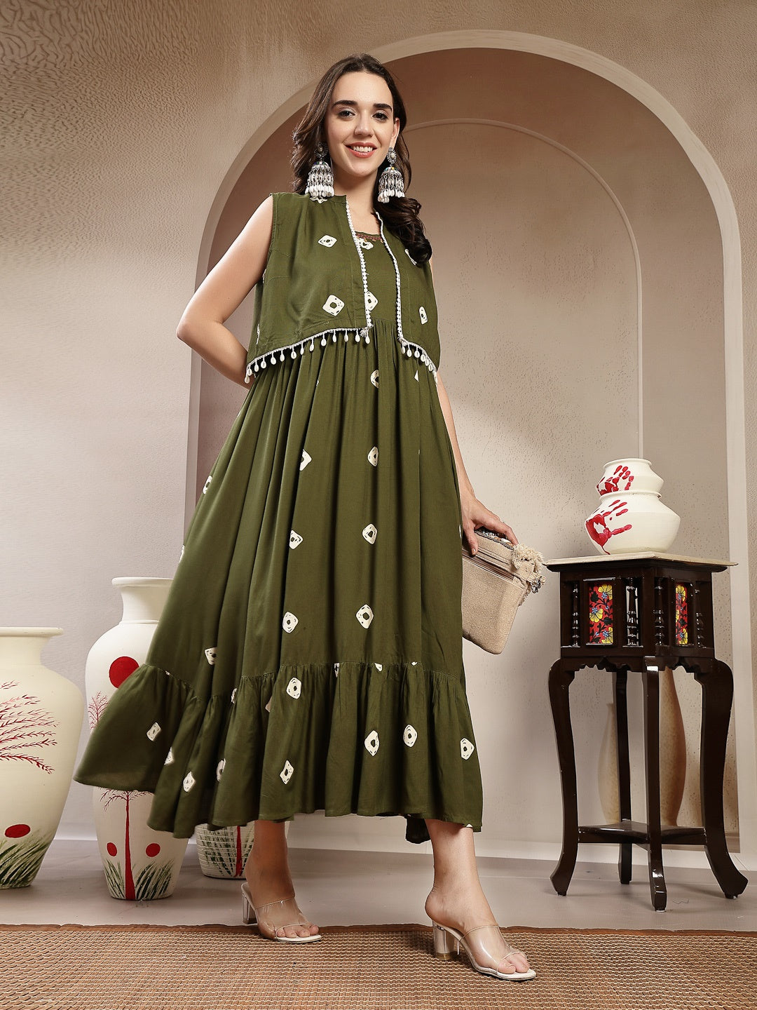 Green Bhandej Printed Rayon Tiered Dress With Ethnic Jacket (Pre-Order)