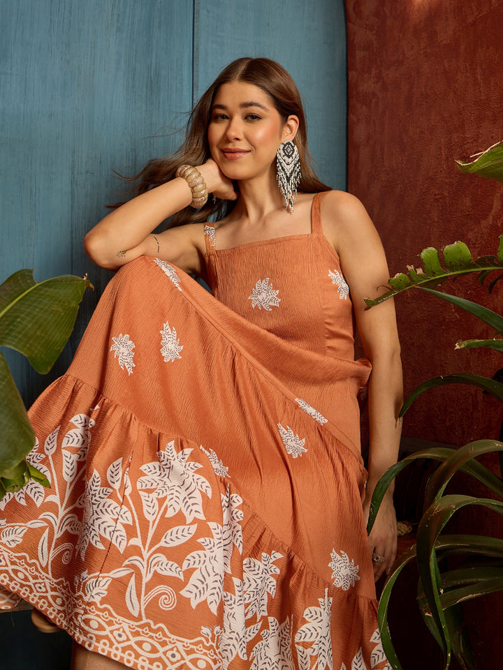 Tropical Digital Printed Crepe Tiered Dress