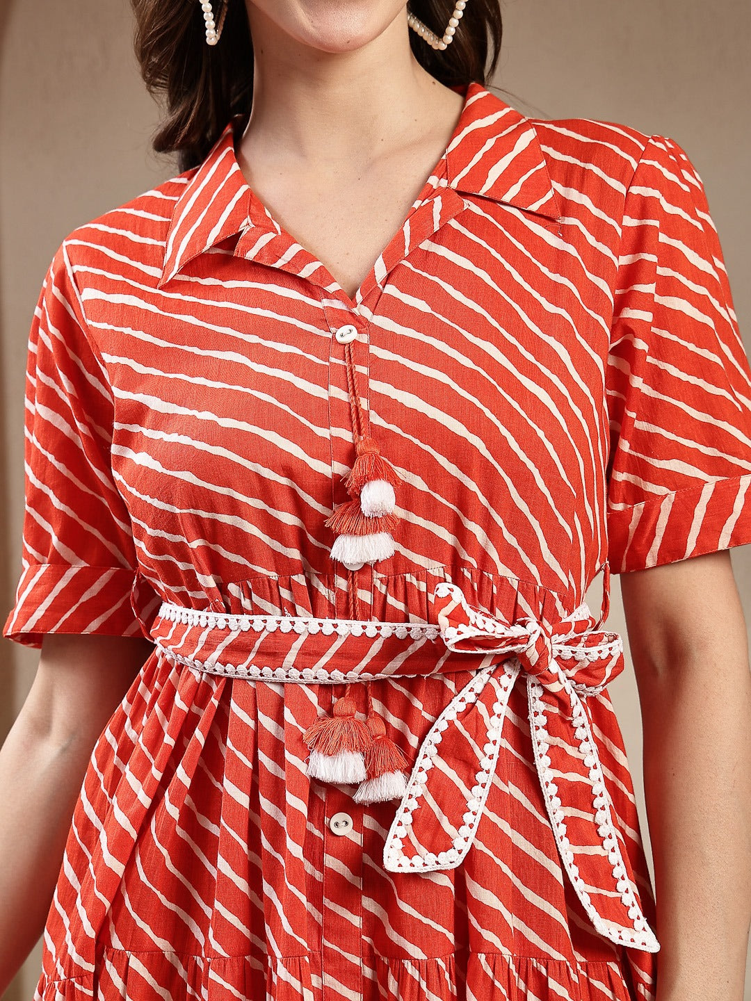 Orange Leheriya Printed Cotton Tiered Dress