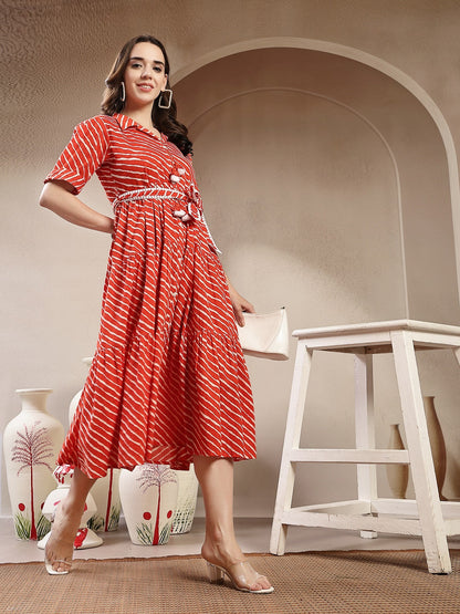 Orange Leheriya Printed Cotton Tiered Dress (Pre-Order)