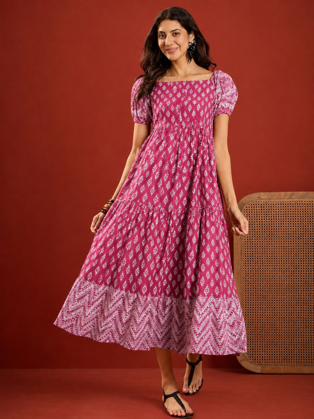 Ethnic Motif Printed Cotton Empire Dress
