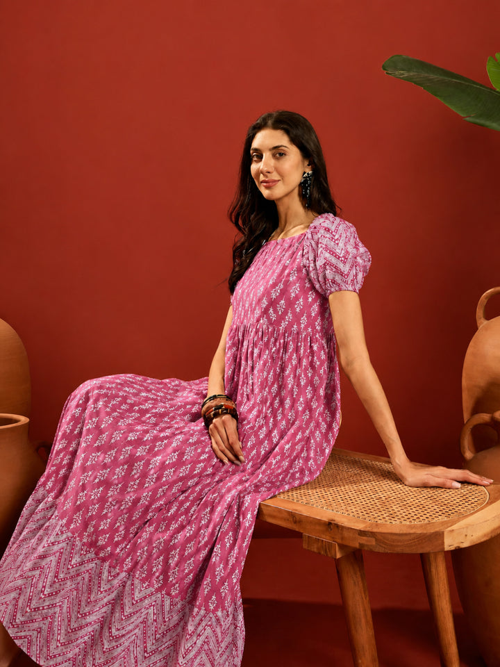 Ethnic Motif Printed Cotton Empire Dress