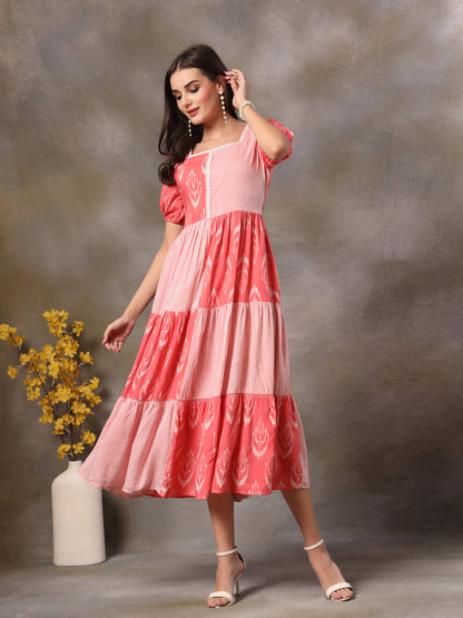 Pink Printed Rayon Tiered Dress