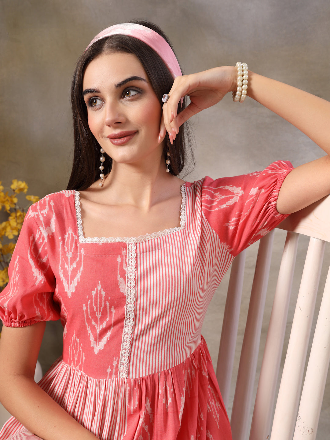 Pink Printed Rayon Tiered Dress