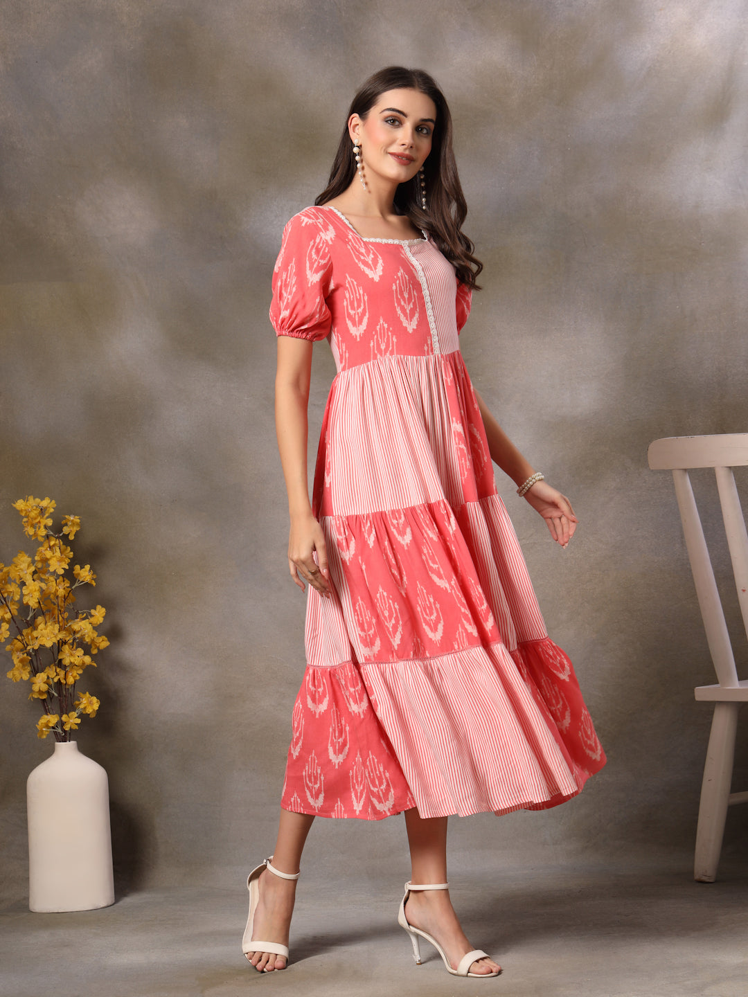 Pink Printed Rayon Tiered Dress