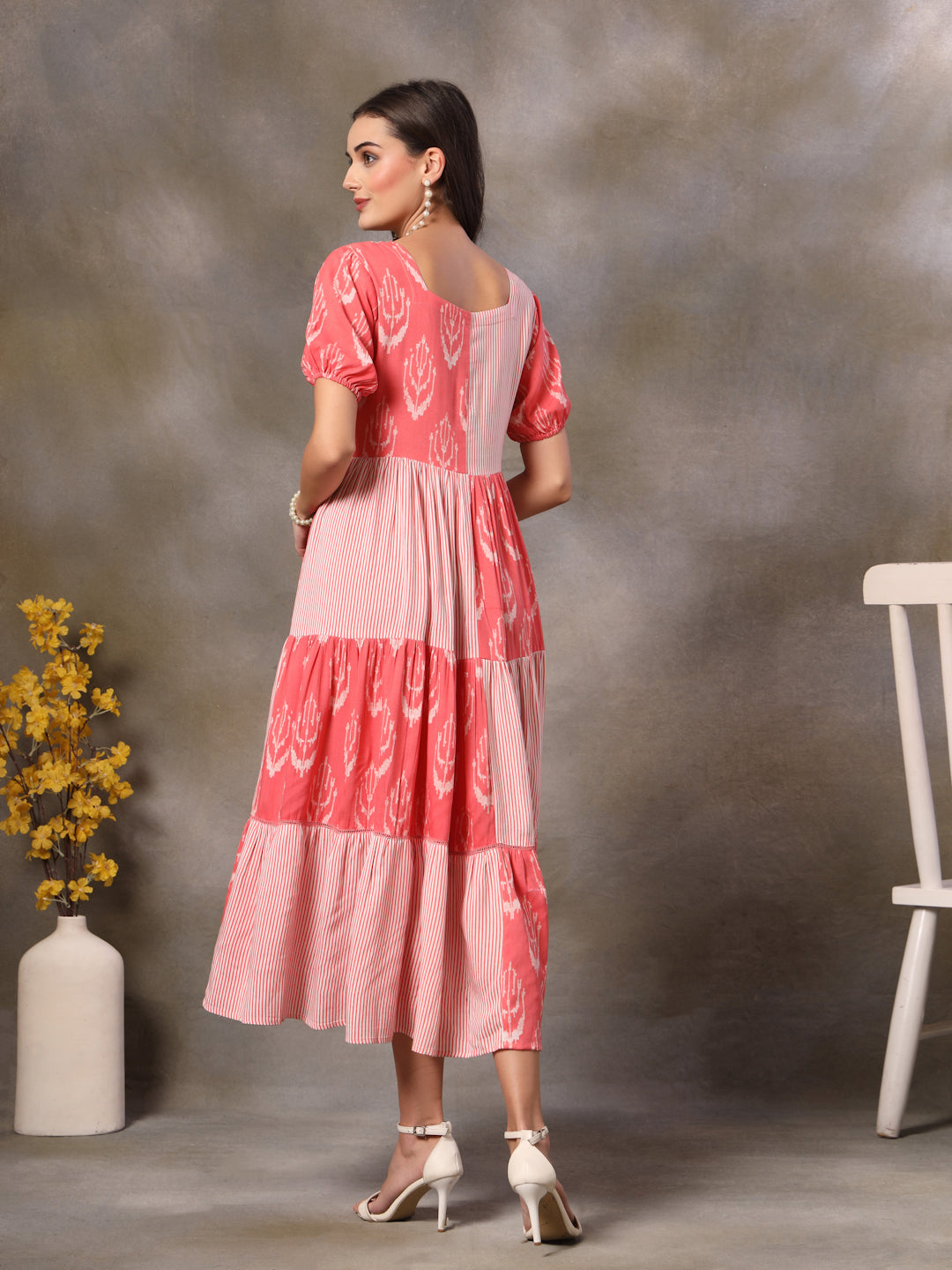 Pink Printed Rayon Tiered Dress