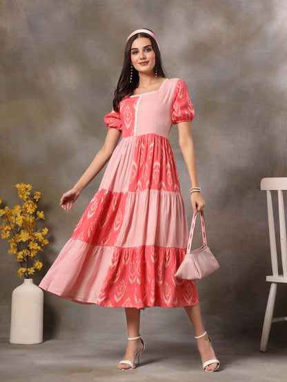 Pink Printed Rayon Tiered Dress