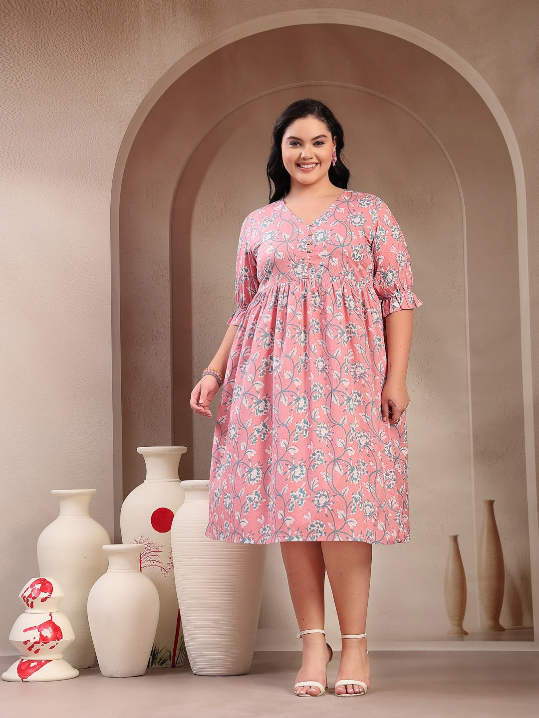 Plus Size Pestel Pink Ethnic Printed Cotton Flared Dress