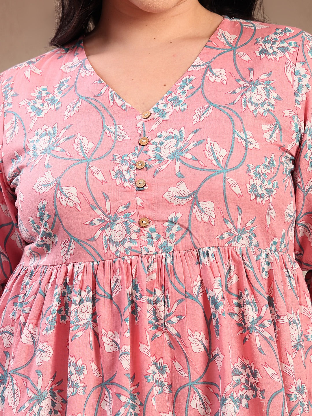 Plus Size Pestel Pink Ethnic Printed Cotton Flared Dress