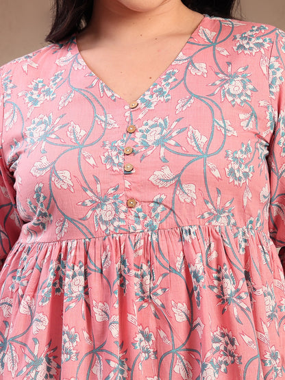 Plus Size Pestel Pink Ethnic Printed Cotton Flared Dress