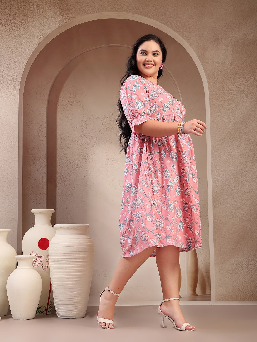 Plus Size Pestel Pink Ethnic Printed Cotton Flared Dress