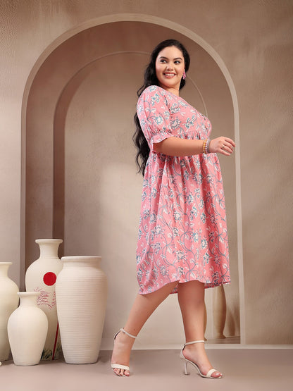 Plus Size Pestel Pink Ethnic Printed Cotton Flared Dress