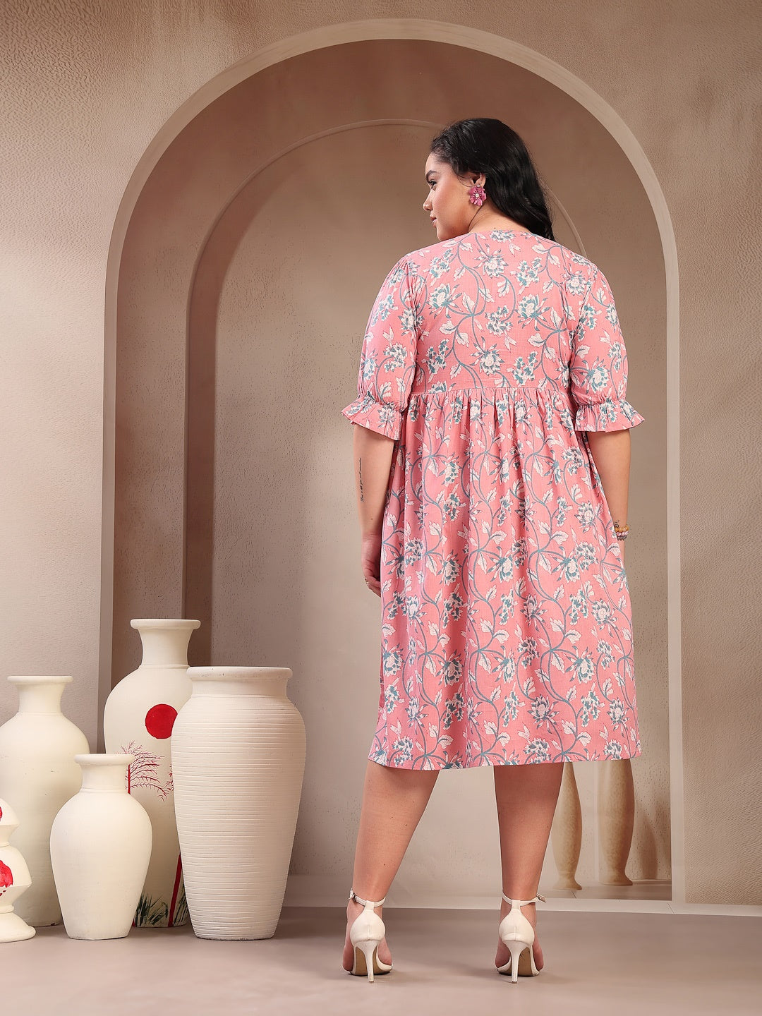 Plus Size Pestel Pink Ethnic Printed Cotton Flared Dress