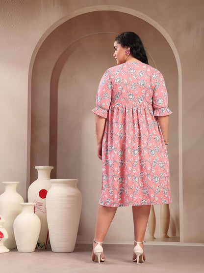 Plus Size Pestel Pink Ethnic Printed Cotton Flared Dress
