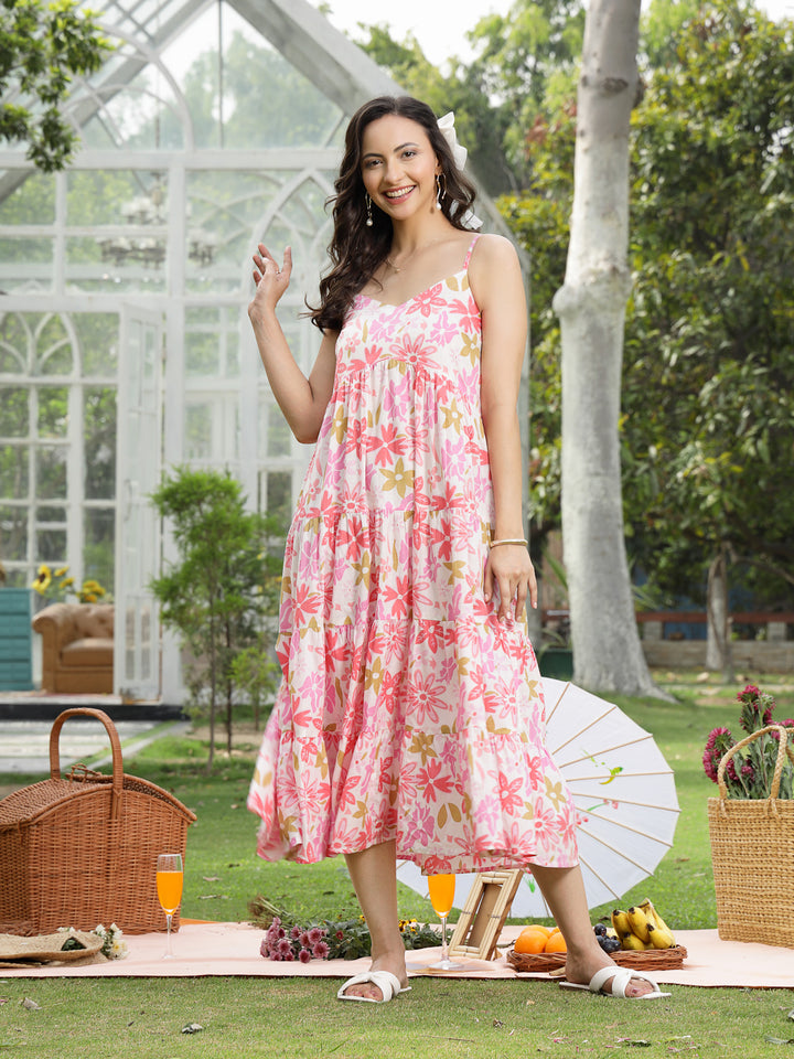 Floral Printed Cotton Flared Dress