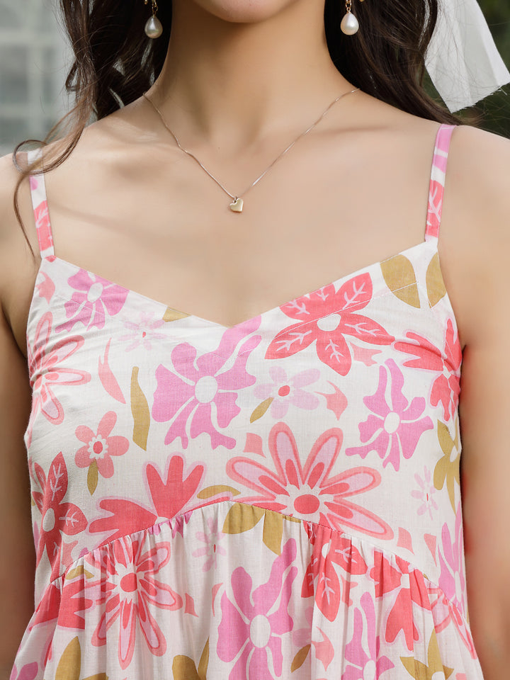 Floral Printed Cotton Flared Dress