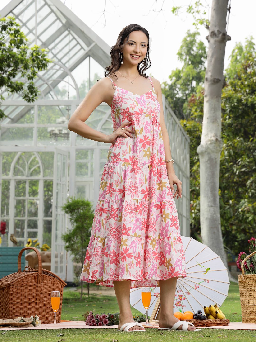 Floral Printed Cotton Flared Dress