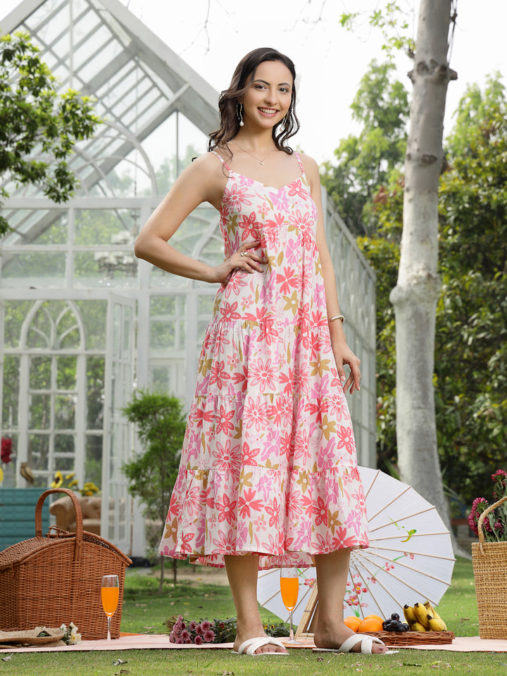 Floral Printed Cotton Flared Dress