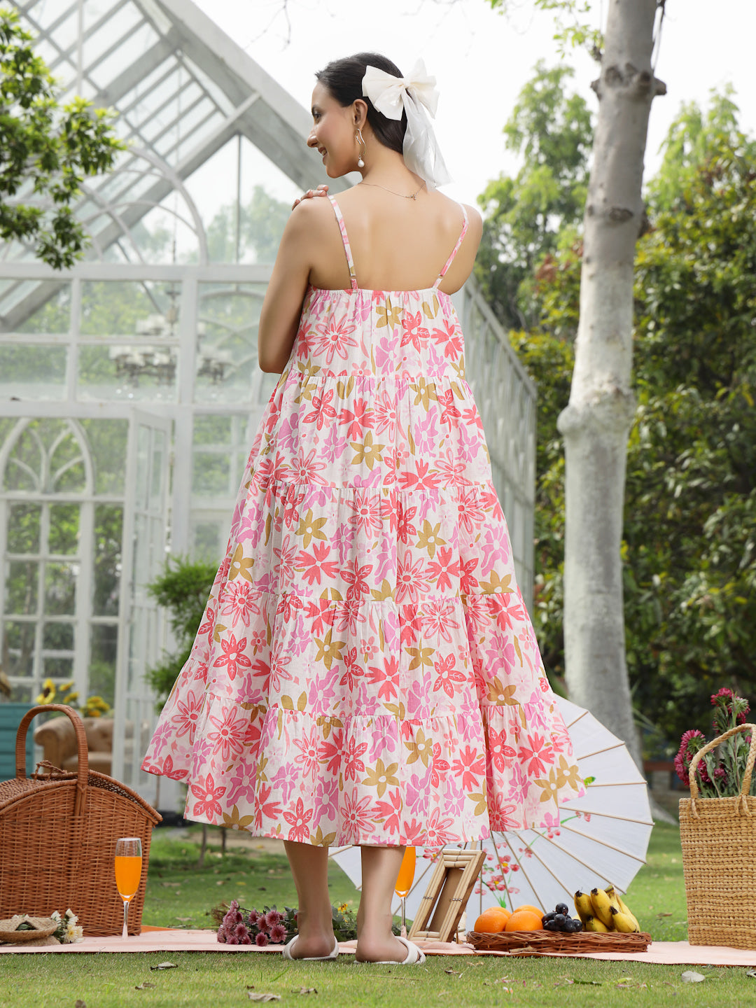 Floral Printed Cotton Flared Dress