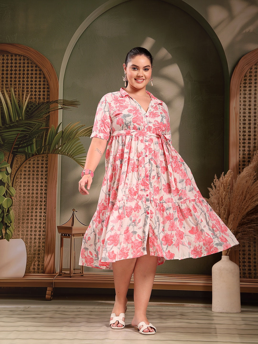 Plus Size Pestel Pink Floral Printed Cotton Flared Dress