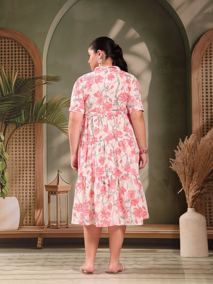 Plus Size Pestel Pink Floral Printed Cotton Flared Dress