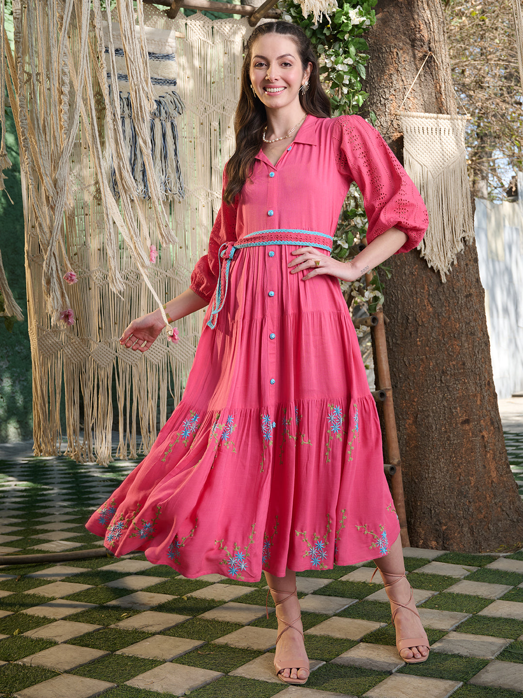 Solid &amp; Embroidered Rayon Flared Dress