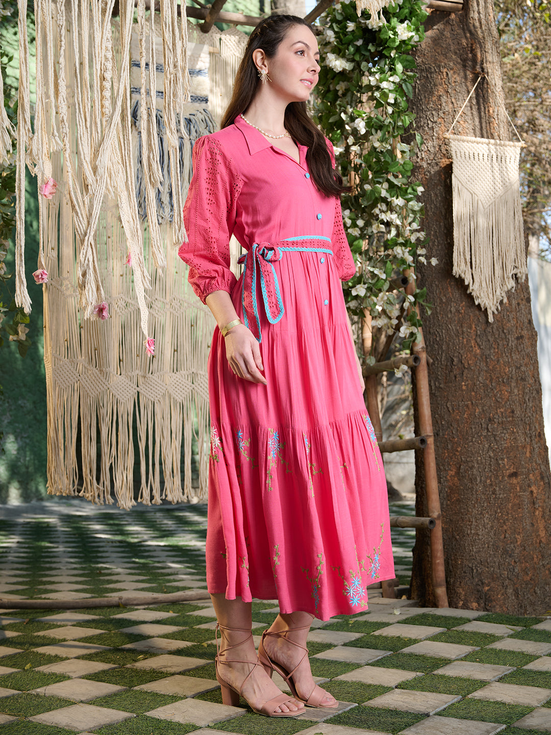 Solid &amp; Embroidered Rayon Flared Dress