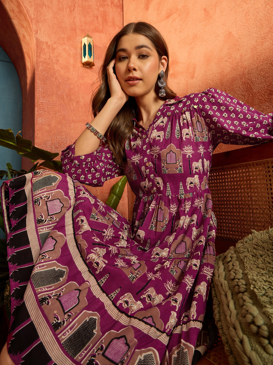 Ethnic Printed Cotton Flared Dress