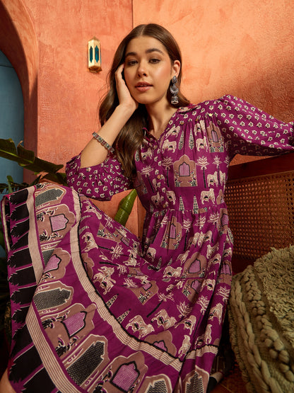 Ethnic Printed Cotton Flared Dress