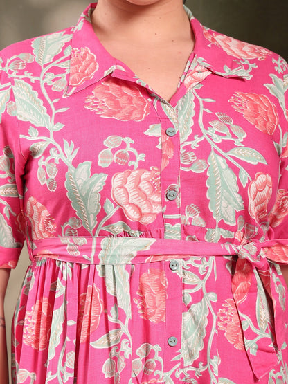 Plus Size Pink Floral Printed Rayon Tiered Dress