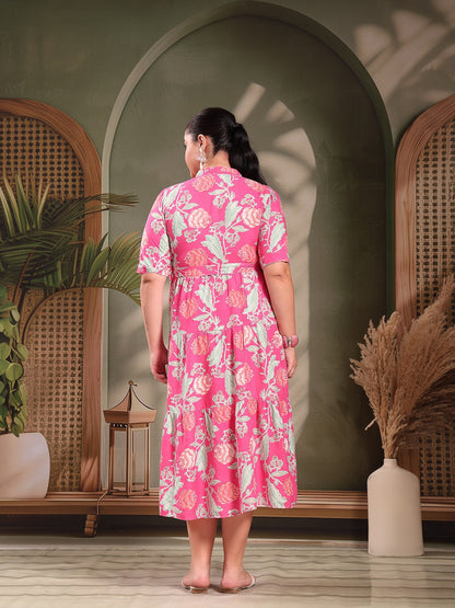 Plus Size Pink Floral Printed Rayon Tiered Dress