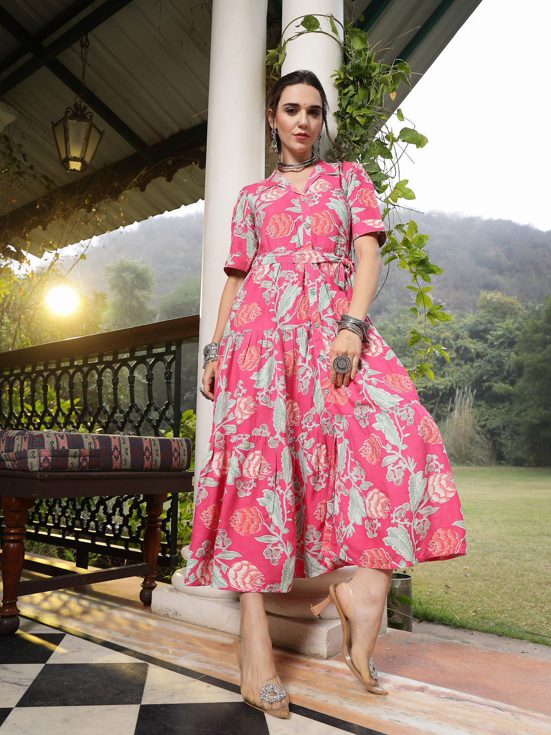 Pink Floral Printed Rayon Tiered Dress (Pre-Order)