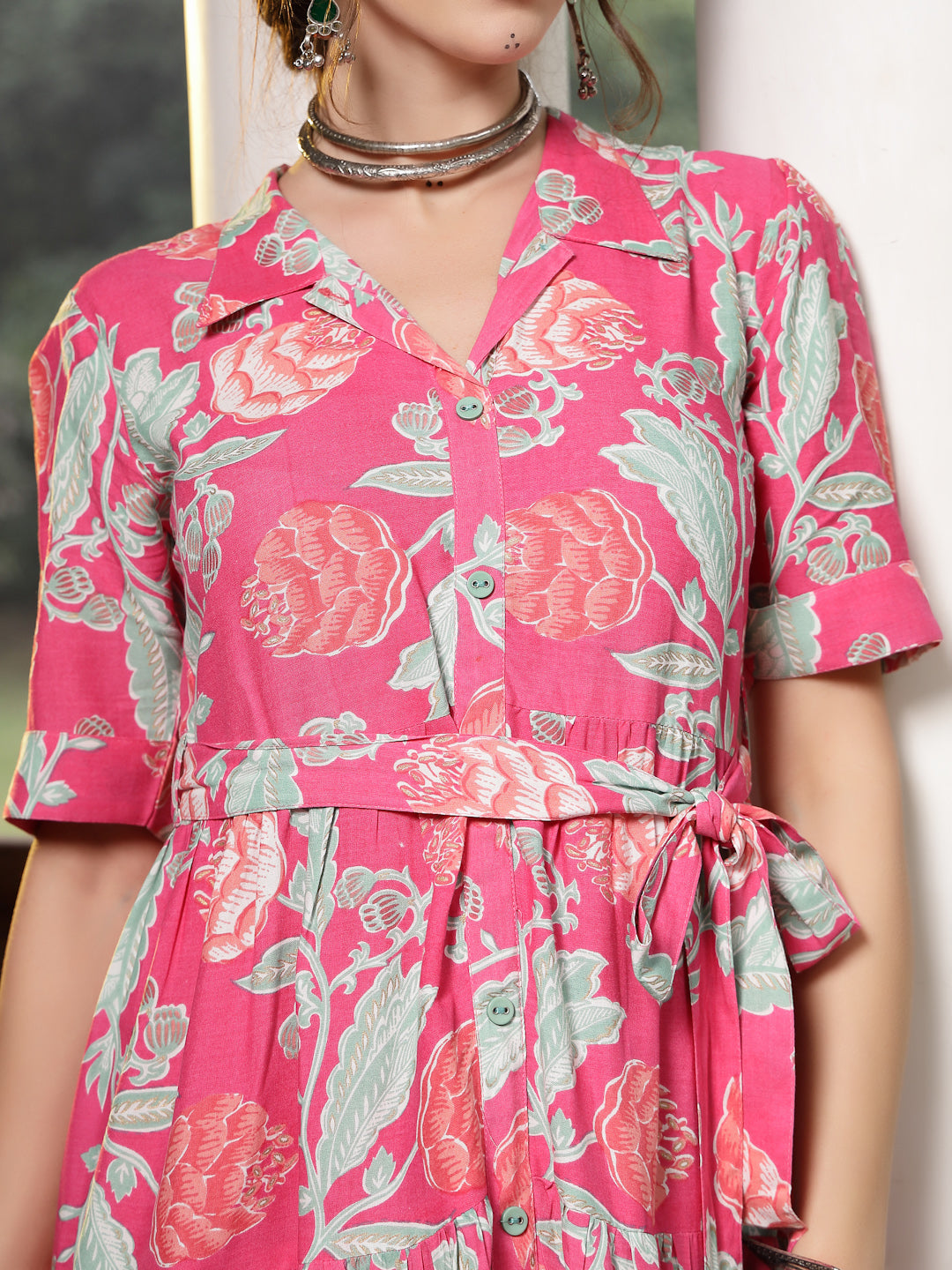 Pink Floral Printed Rayon Tiered Dress (Pre-Order)