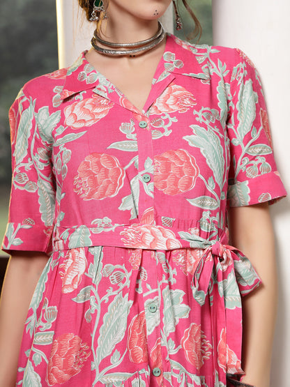 Pink Floral Printed Rayon Tiered Dress (Pre-Order)