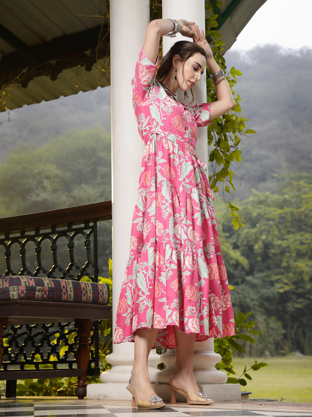 Pink Floral Printed Rayon Tiered Dress (Pre-Order)