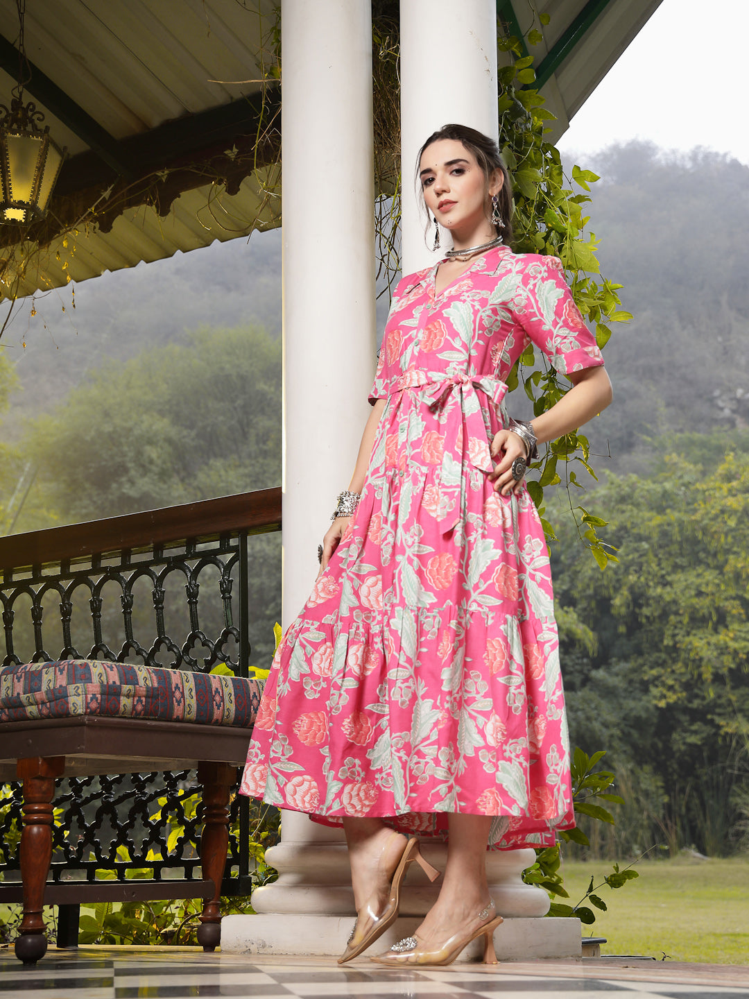 Pink Floral Printed Rayon Tiered Dress (Pre-Order)