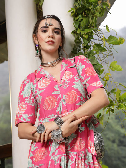 Pink Floral Printed Rayon Tiered Dress (Pre-Order)