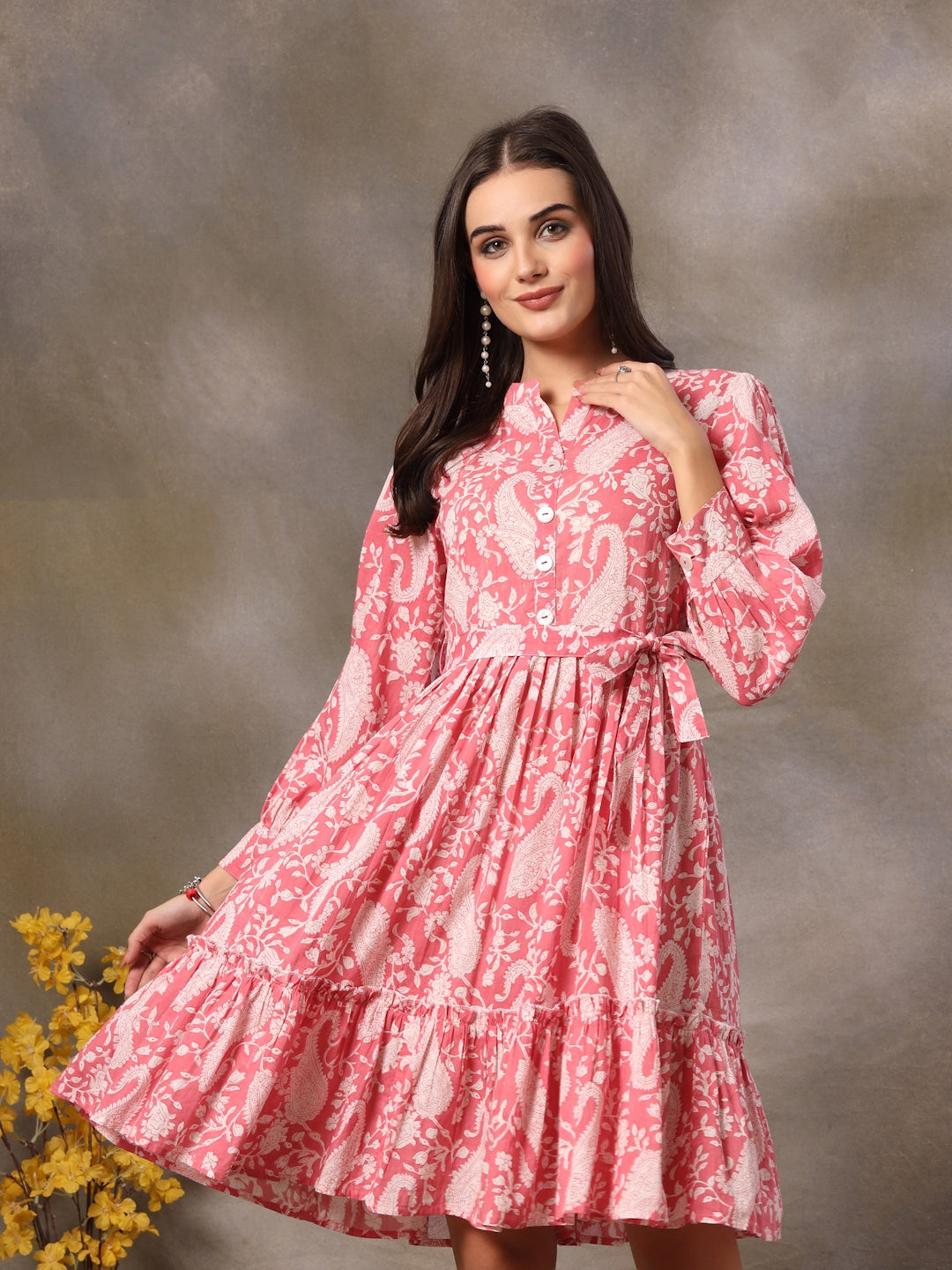 Pink Paisley Printed Cotton Tiered Dress